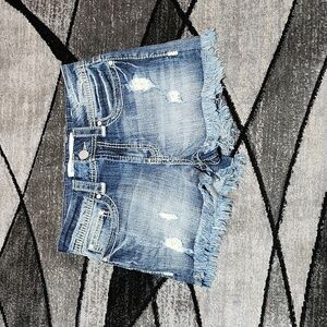 BKE STELLA EMBROIDERED DISTRESSED RAW-EDGE HIGH-WAISTED CONTRAST DENIM S…